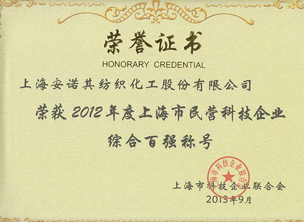 2013年被认定上海市民营科技企业综合百强